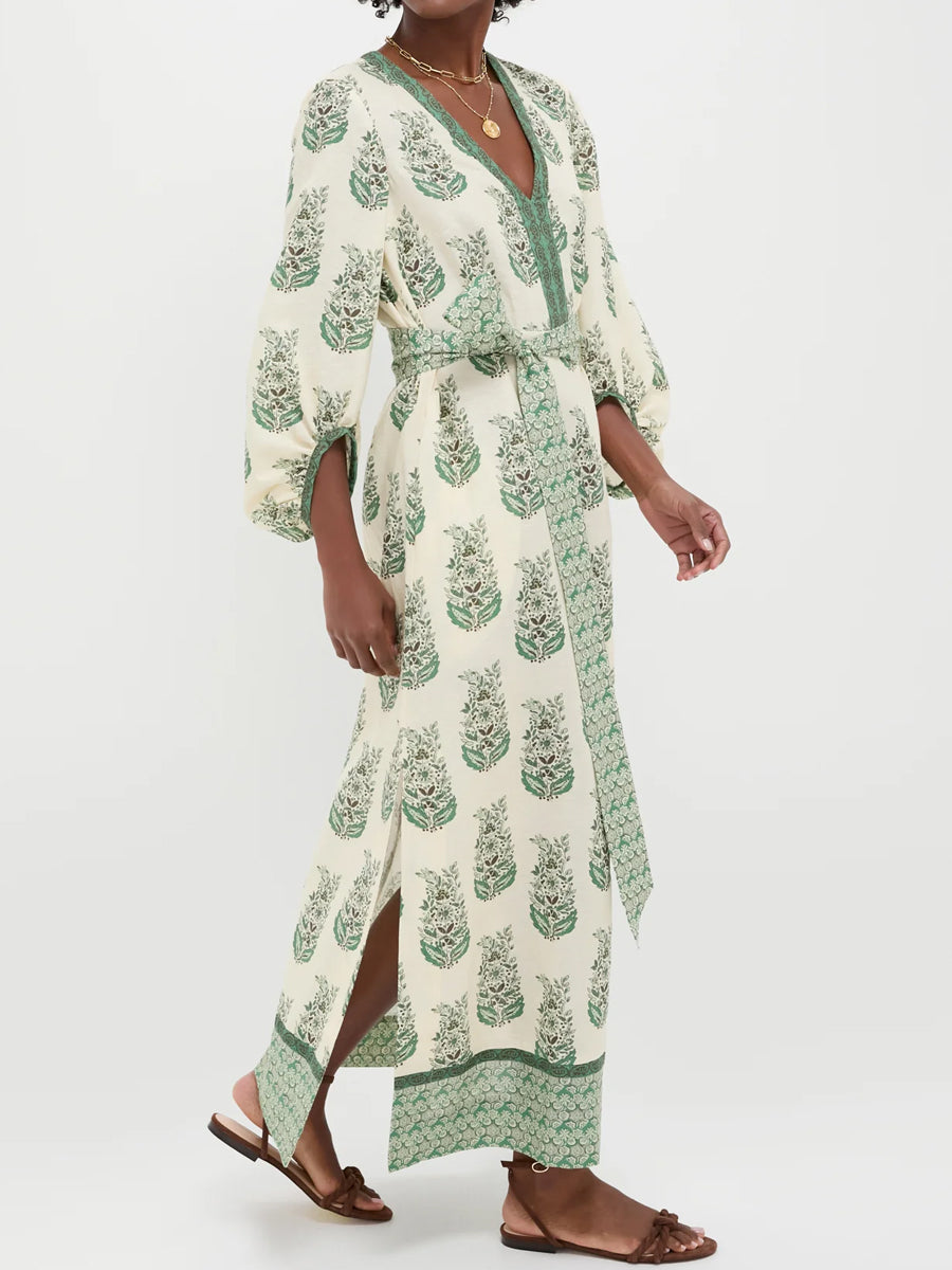 Printed V Neck Balloon Sleeves Dress