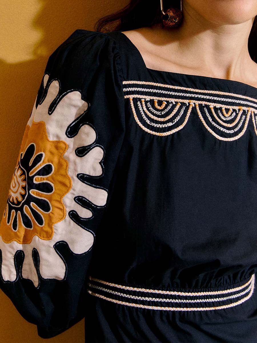 Printed Puff Sleeve Slit Hem Dress