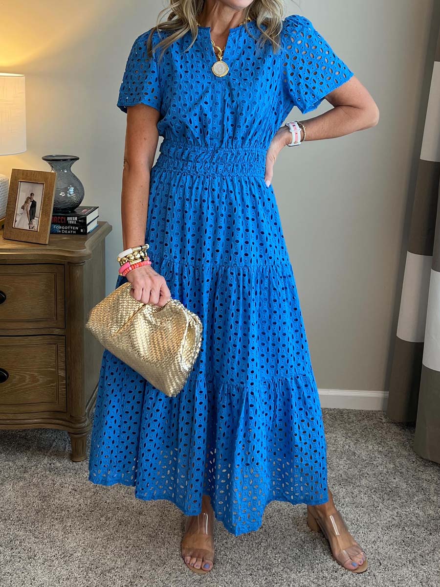 V-neck Hollow-out Eyelet Short-sleeve Dress