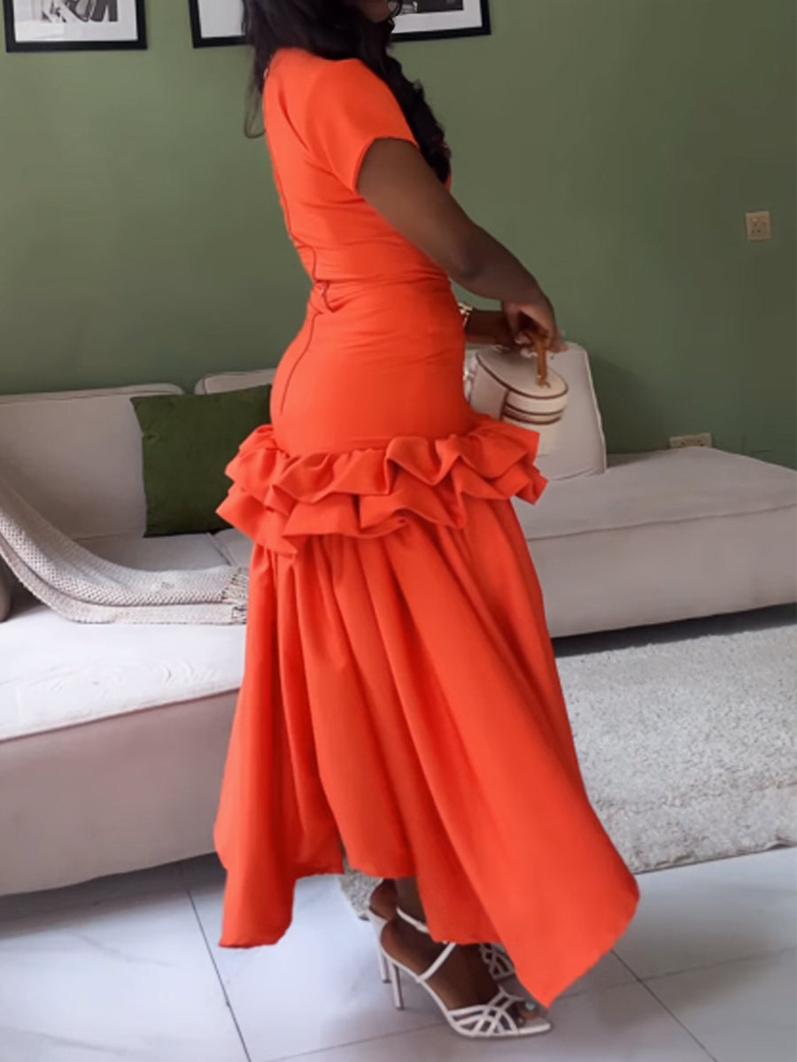 Short Sleeve Flouced Patchwork Dress