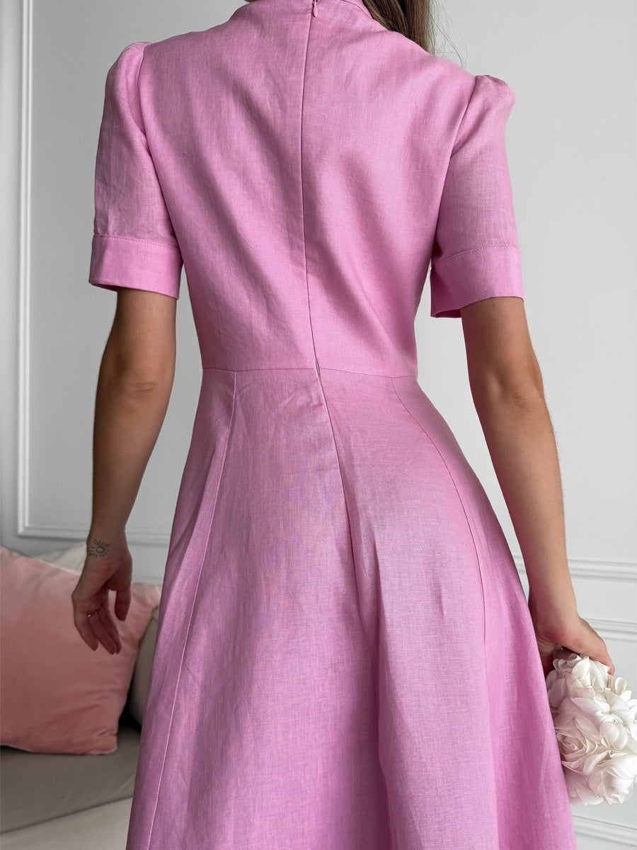 Stand Collar Flower Midi Dress