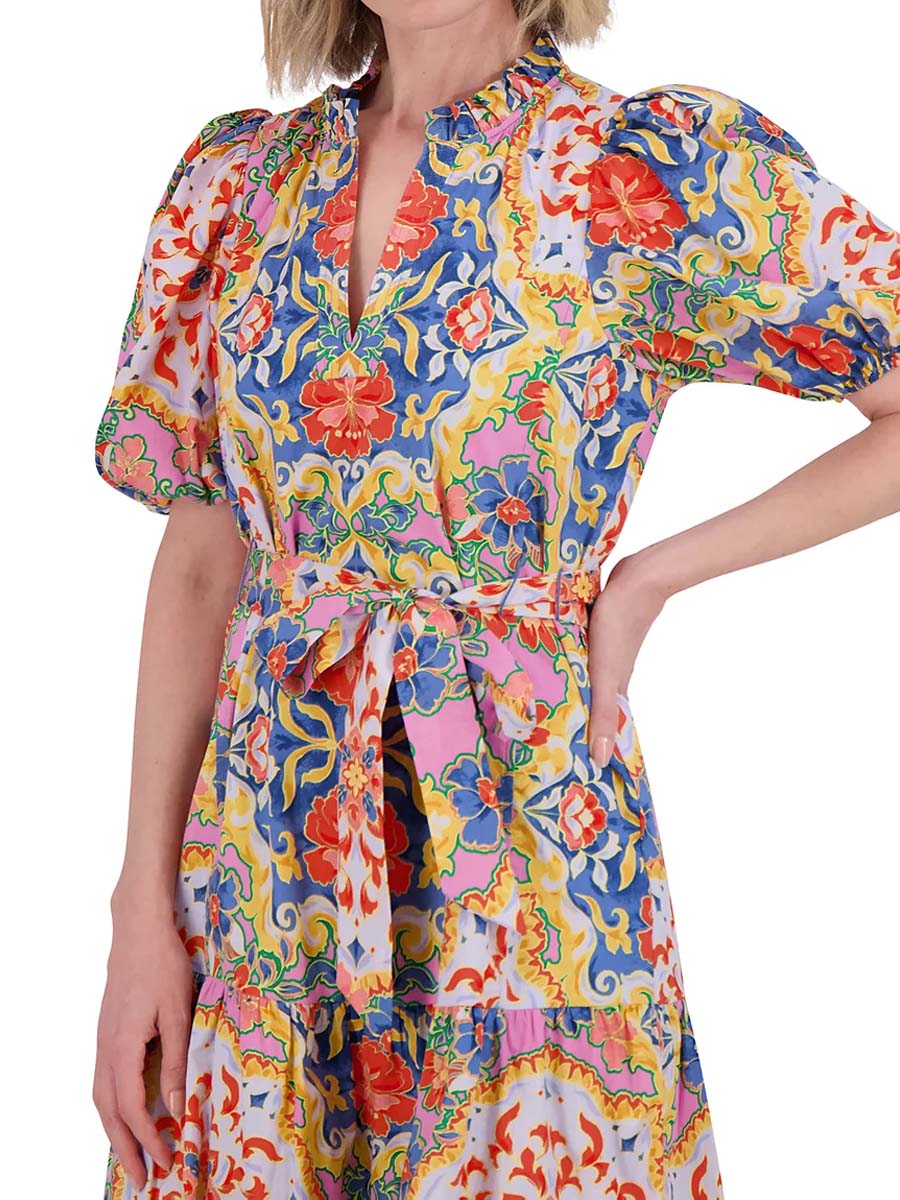 Floral Print V Neck Short Sleeve Tie Waist Dress