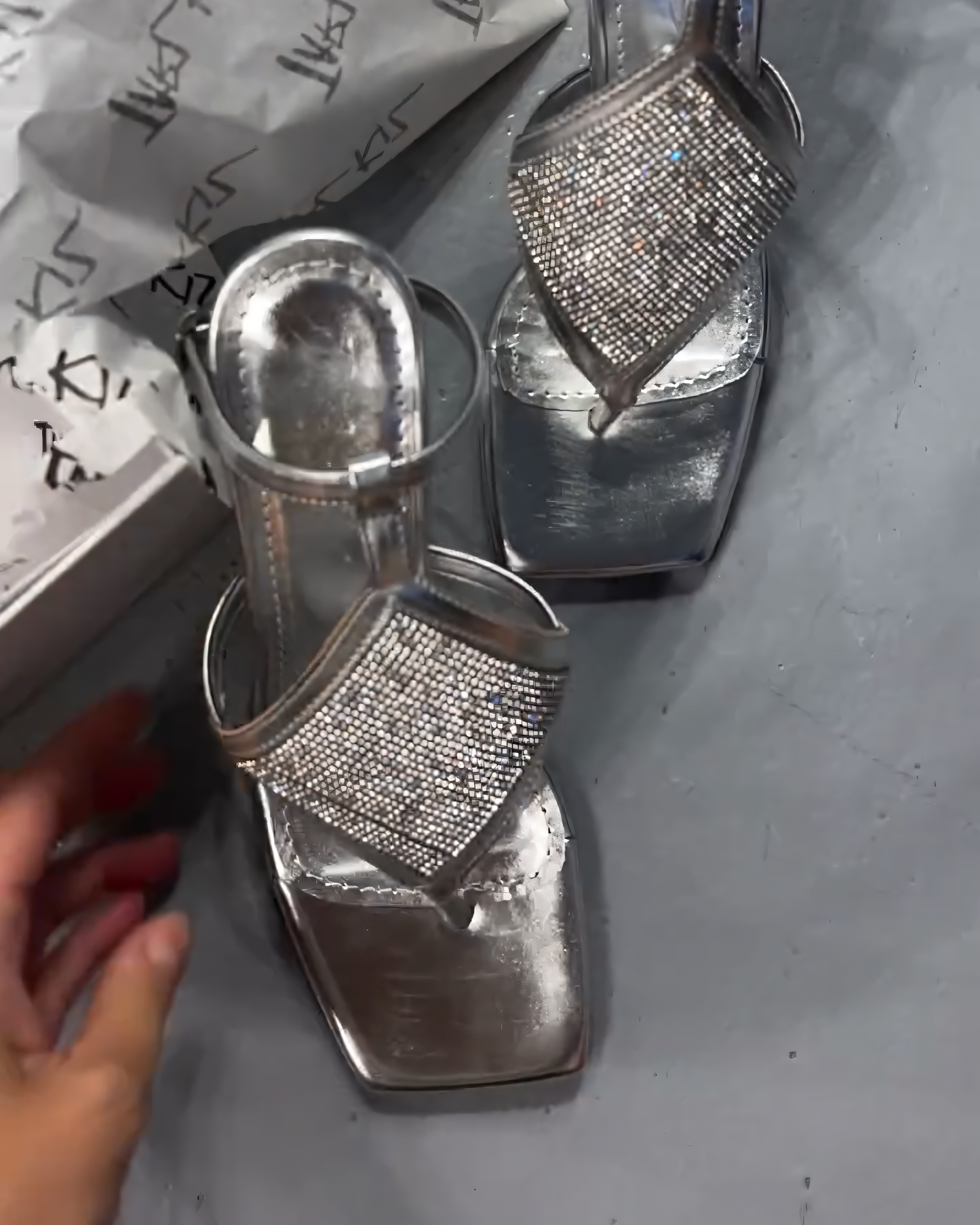 Silver Rhinestone - Embellished Heeled Sandals