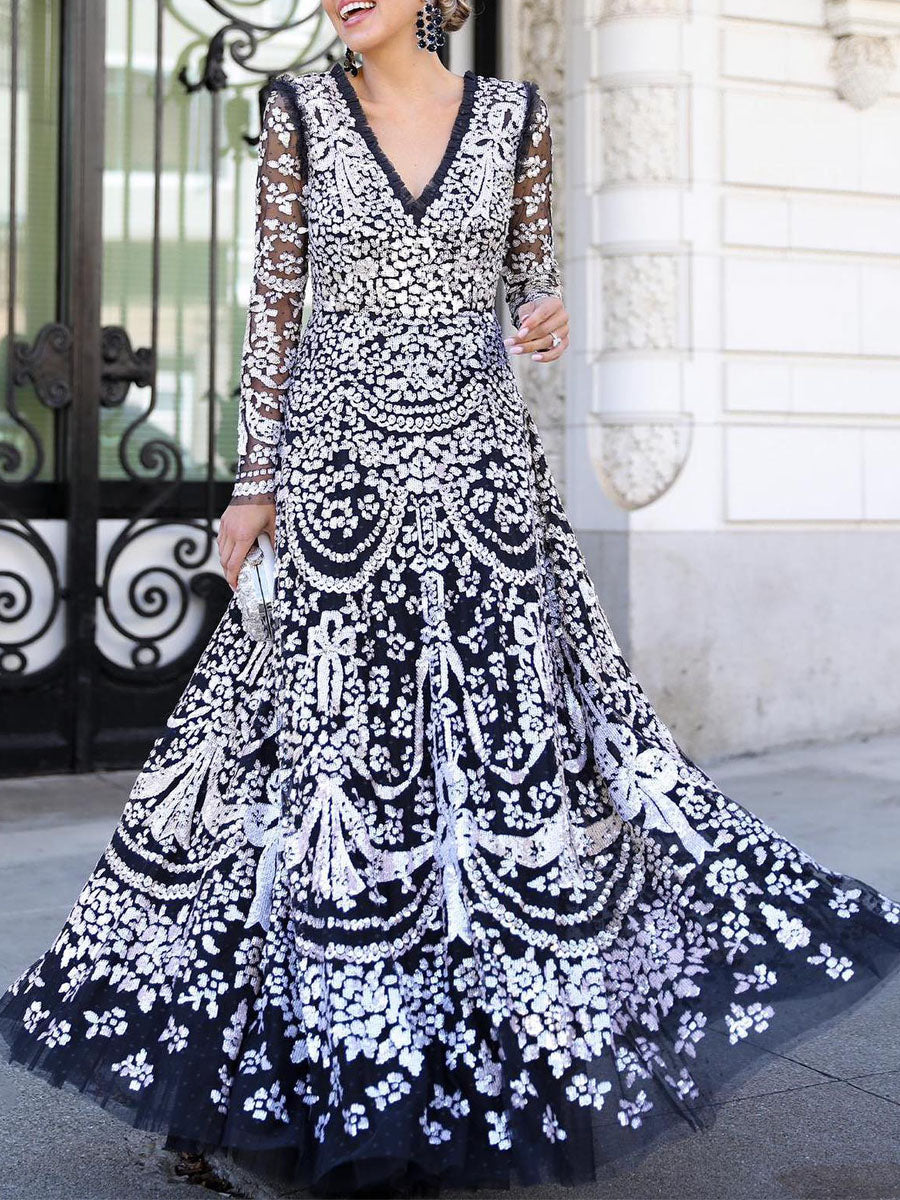 V Neck See Through Sequin Elegant Party Dress