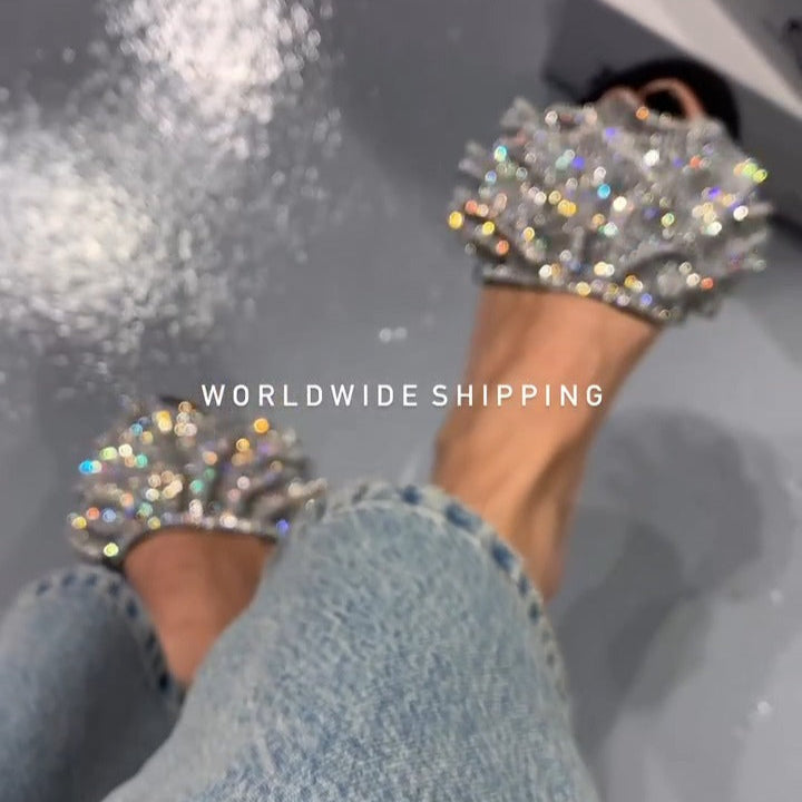 Puff-Strap Noir Slide – Diamond-Studded Sculpted Silhouette