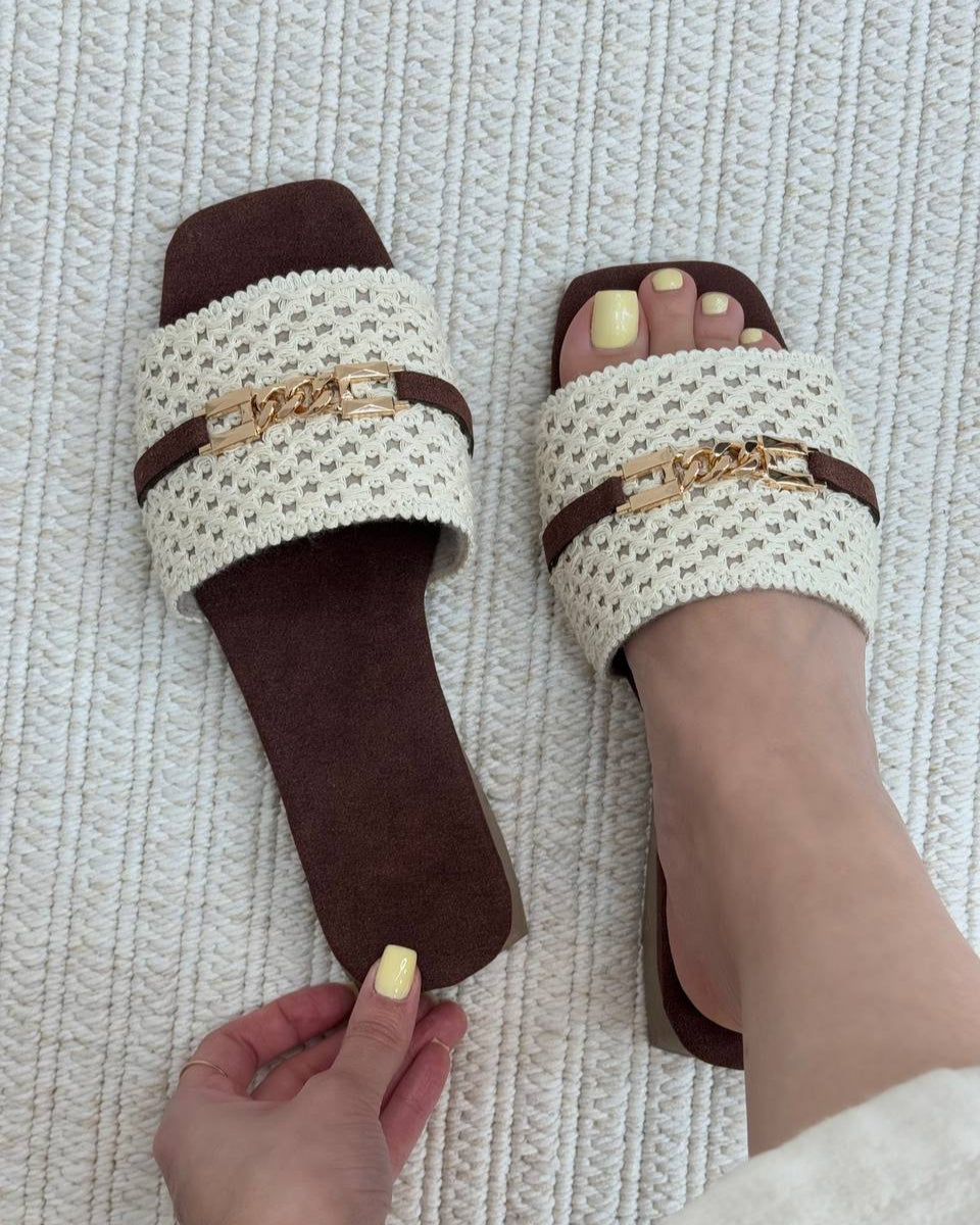 Lace - Embroidered Chain - Detail Slide Sandals