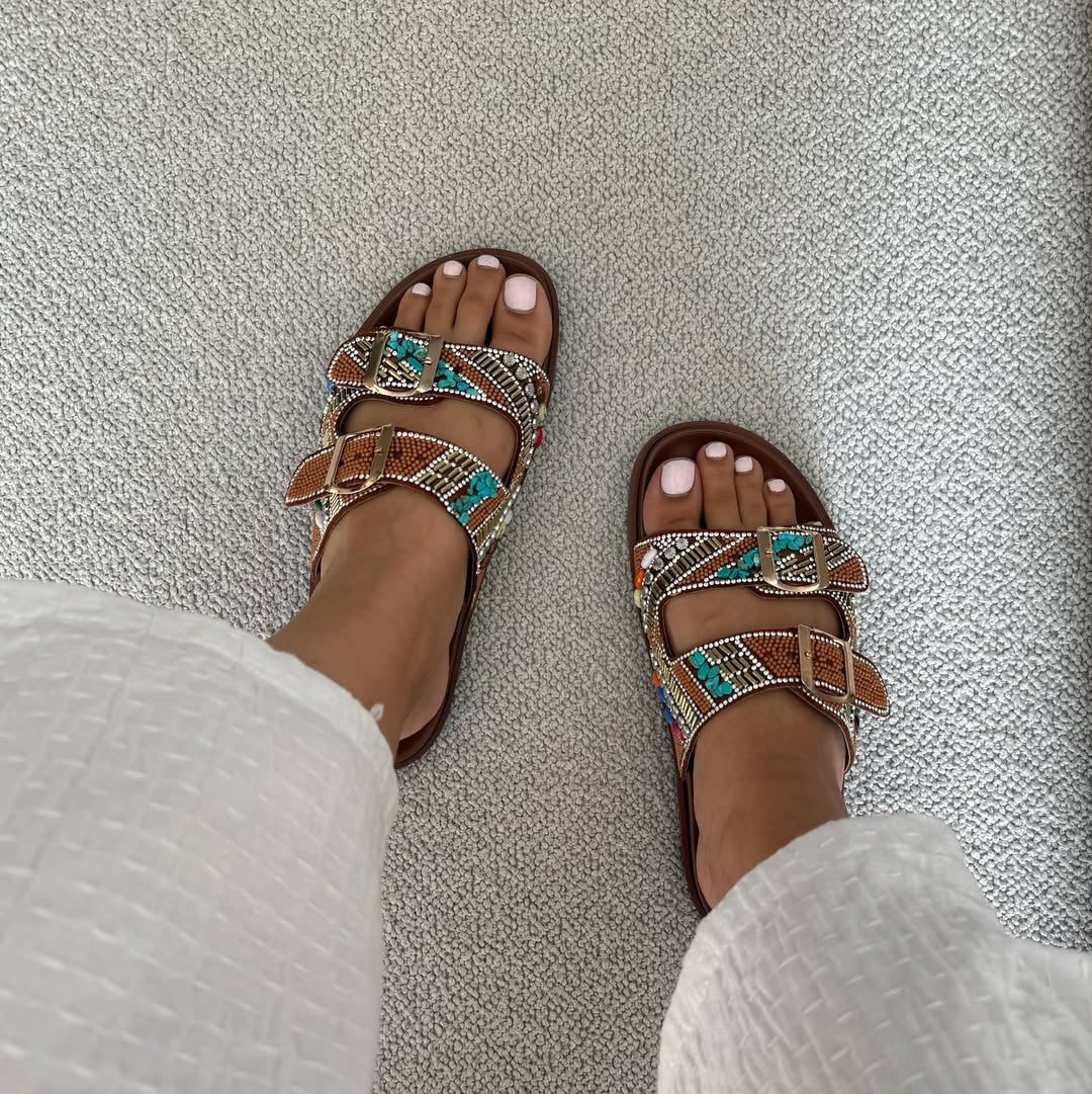 Patterned Double - Strap Slide Sandals