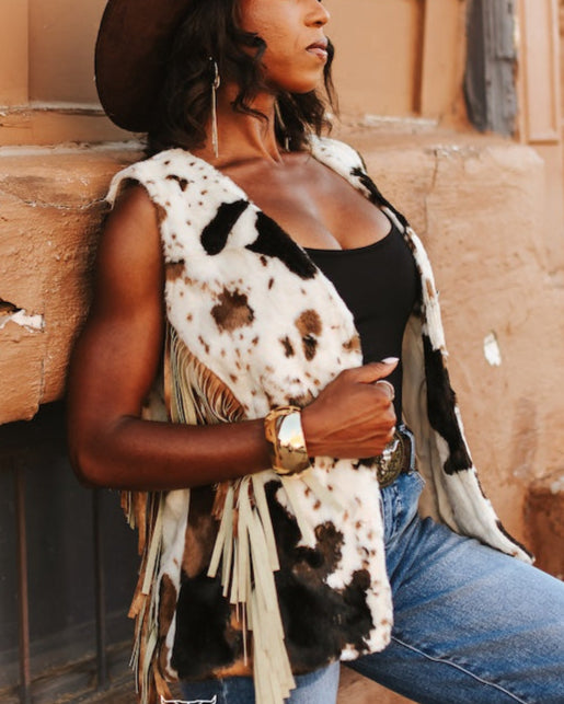 Cow Print Fringe Vest