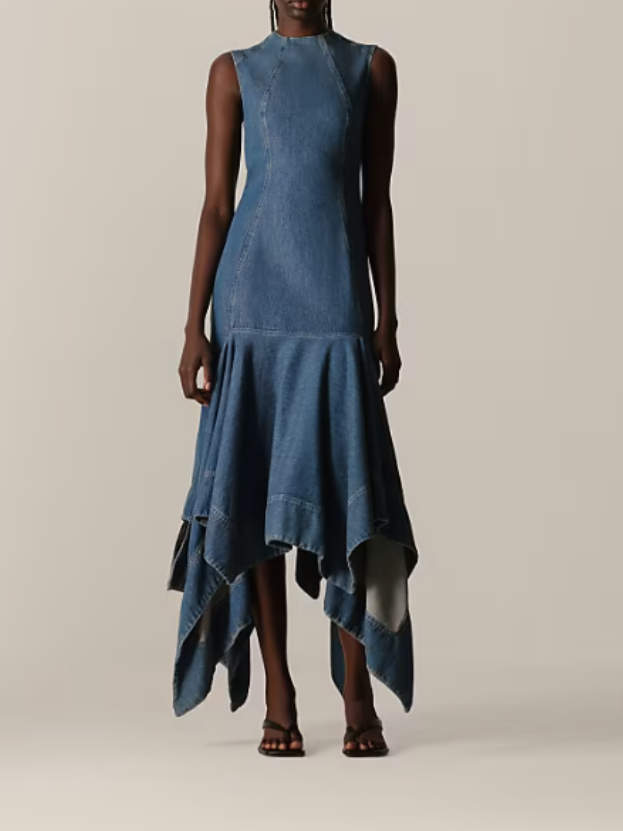 denim square neck midi dress