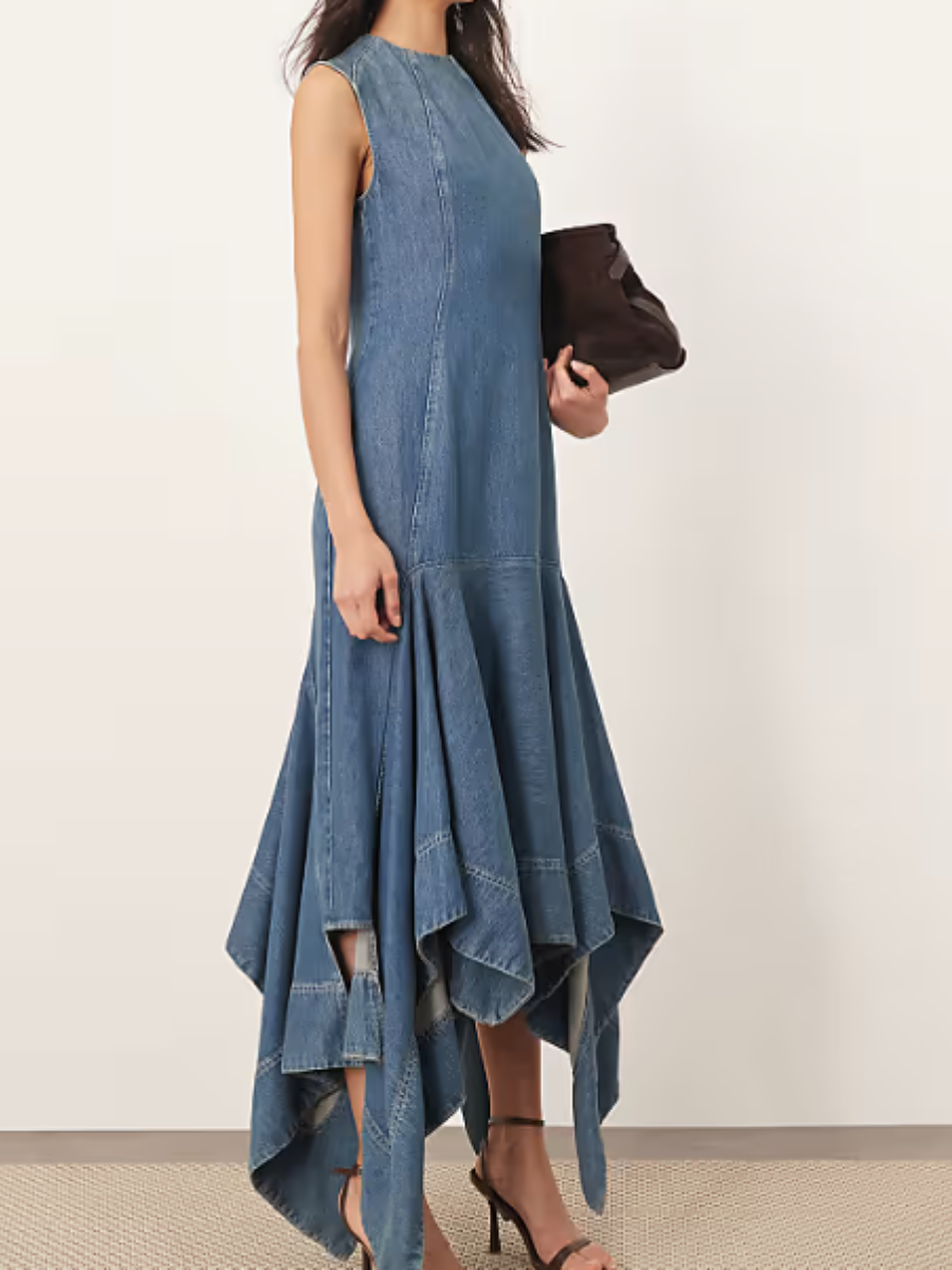 denim square neck midi dress