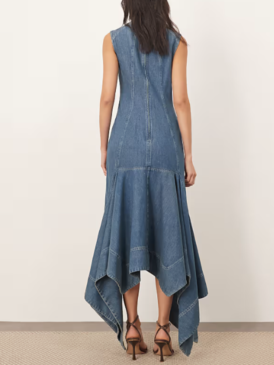 denim square neck midi dress