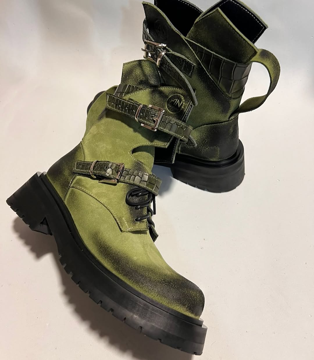 Olive Distressed Buckle Combat Boots
