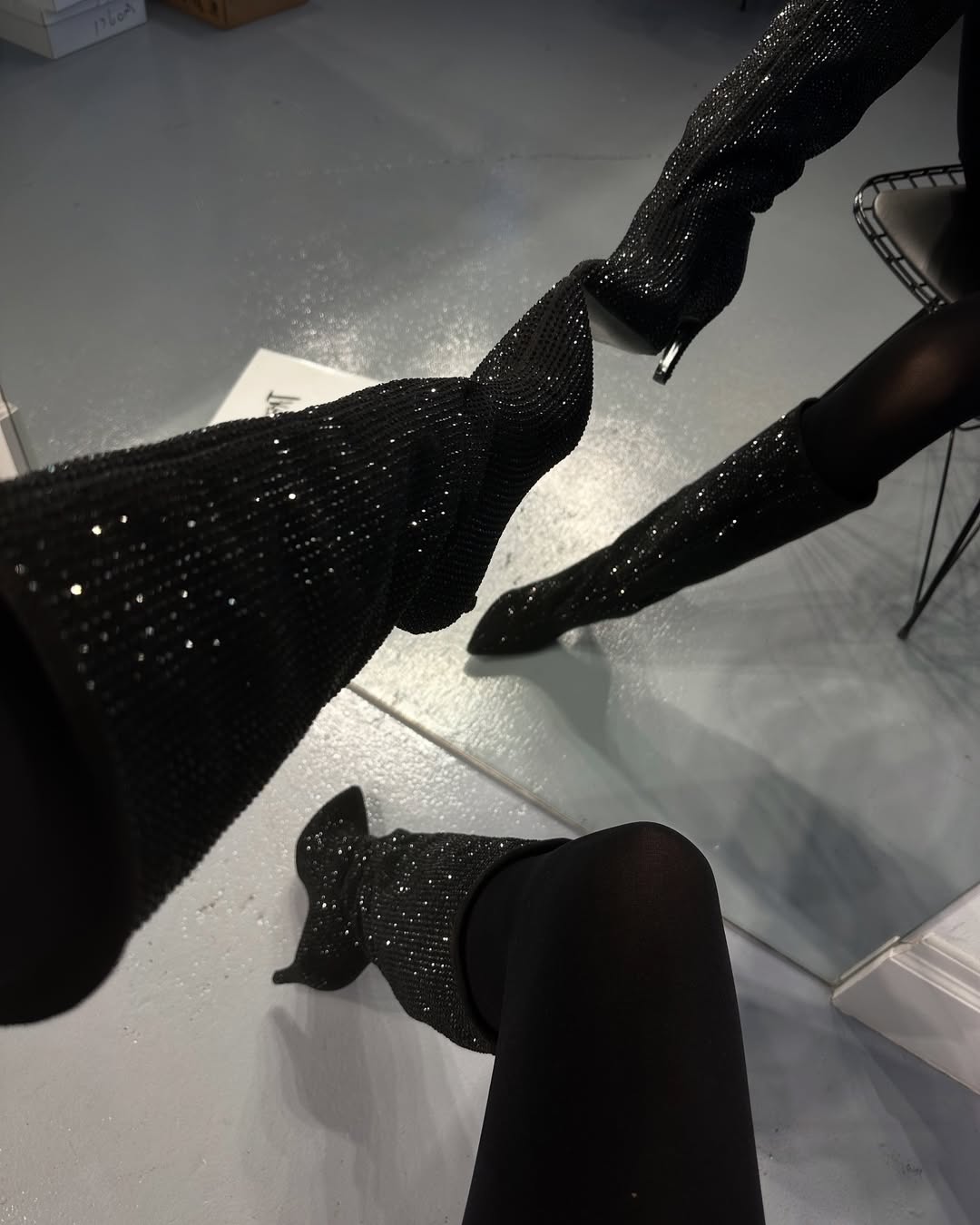 Black Rhinestone High Heeled Boots