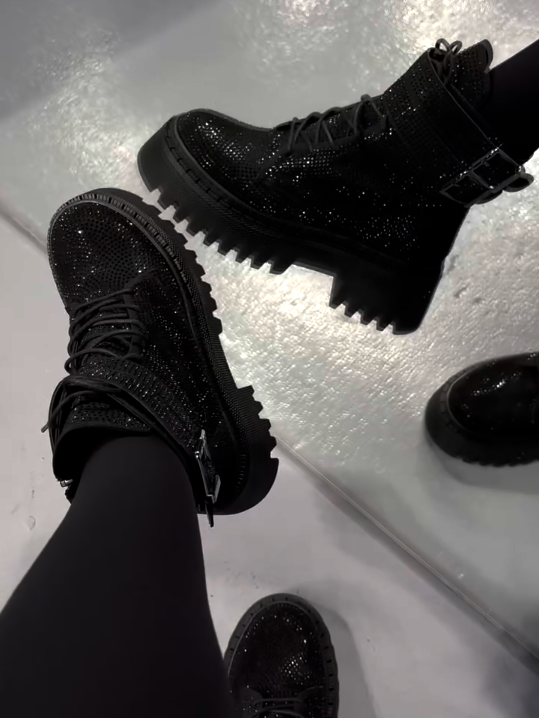 Black Rhinestone Combat Boots