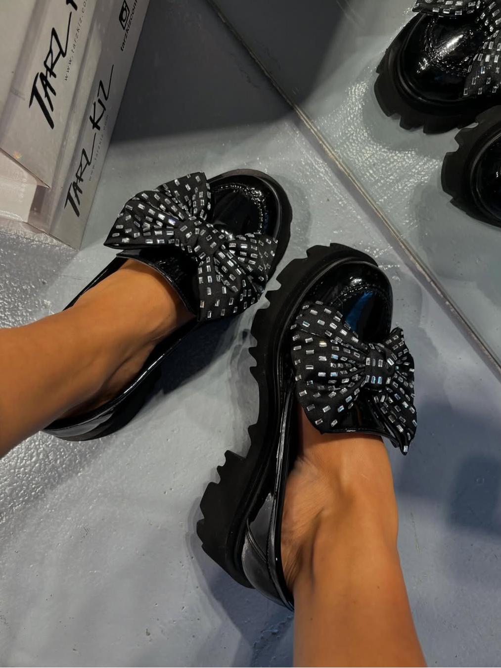Black Patent Leather Rhinestone Bow Loafers