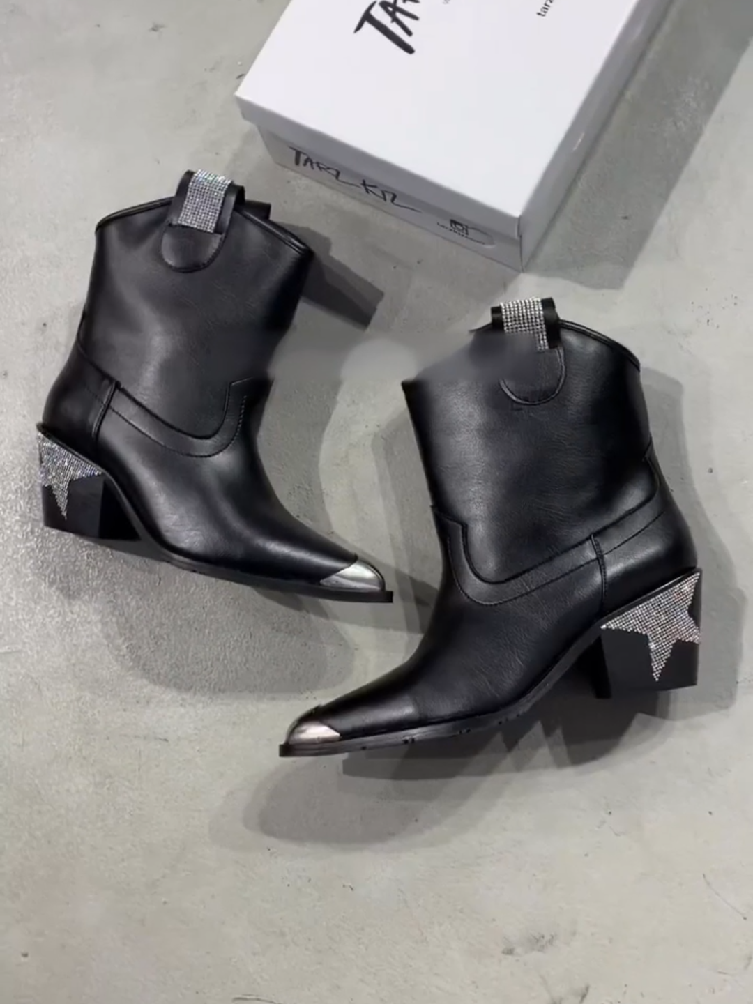 Black Leather Western Boots with Crystal Stars