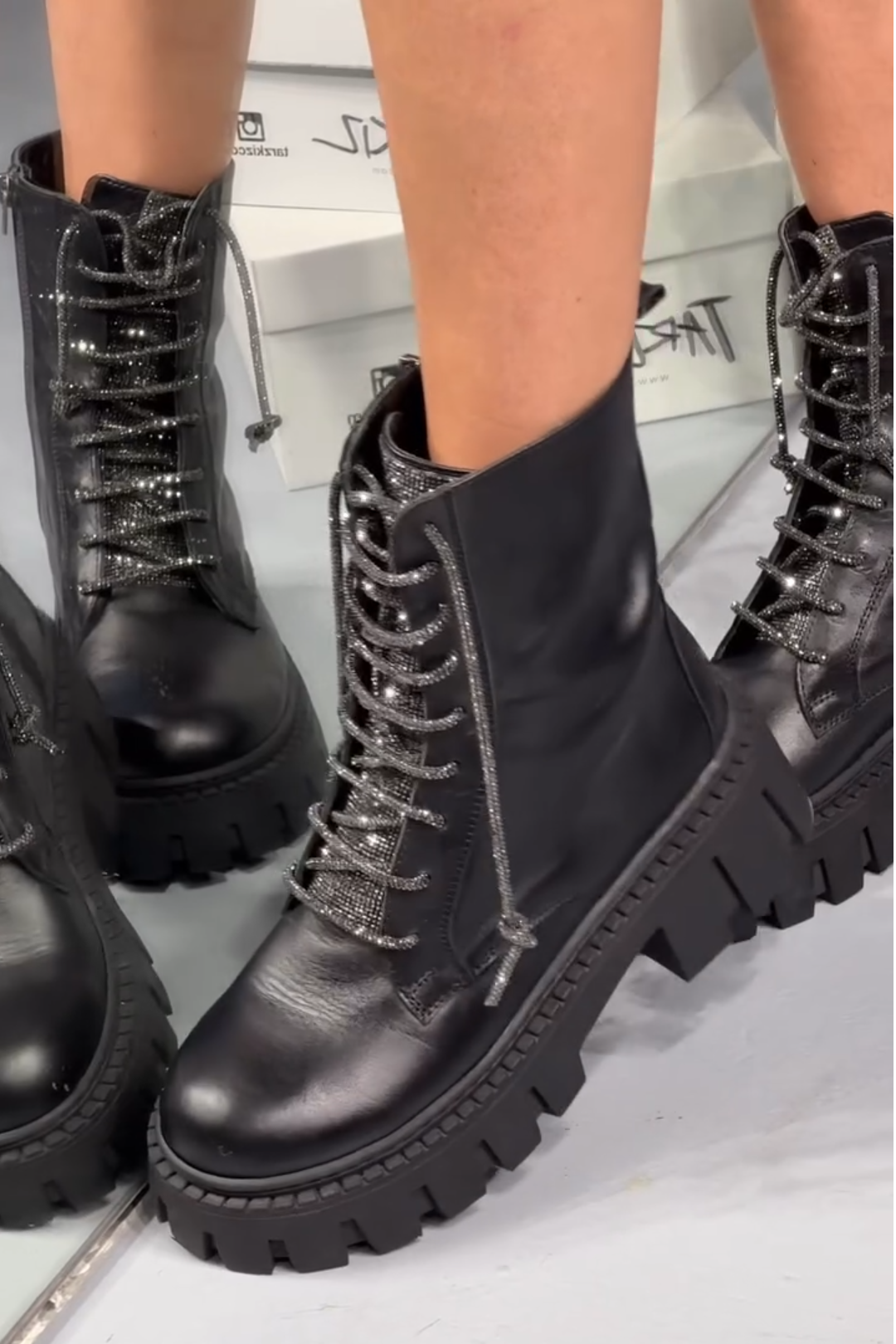 Black Rhinestone Laced Chunky Boots