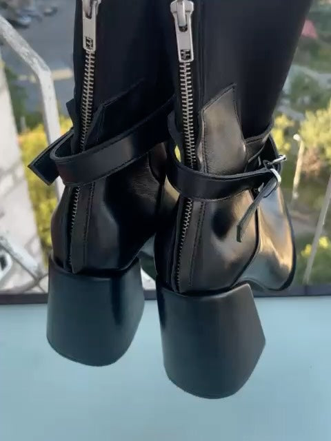 Black Pointed Toe Buckled Ankle Boots