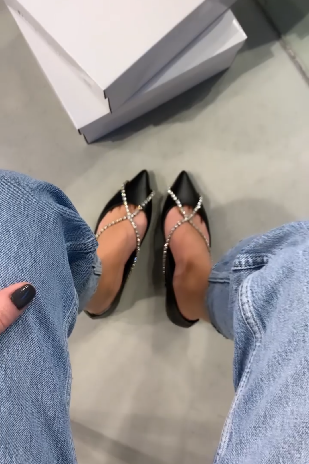 Black Rhinestone Strap Pointed Flats