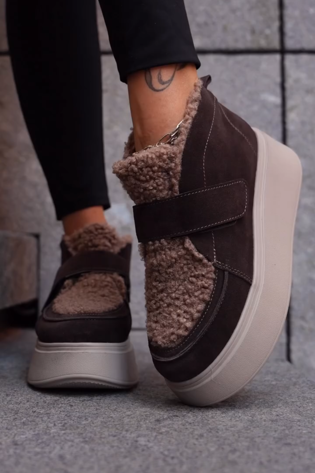 Brown Shearling Platform Sneakers