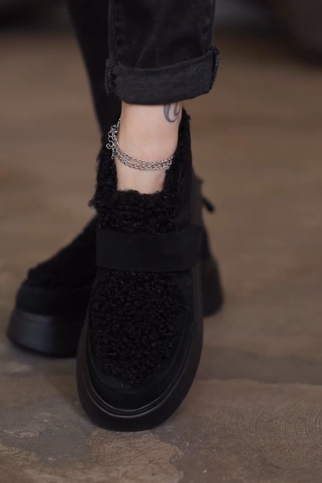 Black Shearling - Trimmed Platform Velcro Sneakers