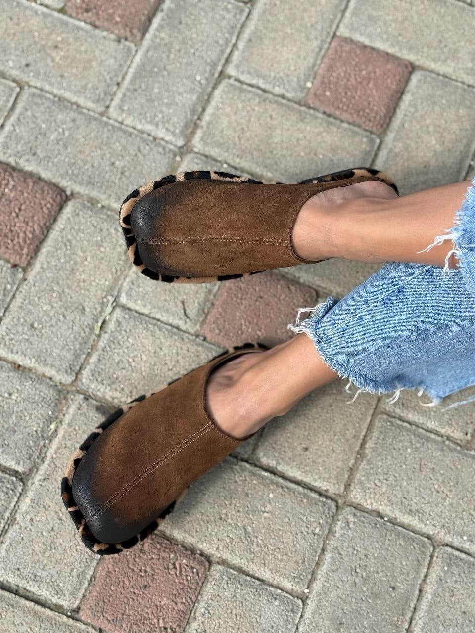 Brown Suede Mules with Leopard Trim