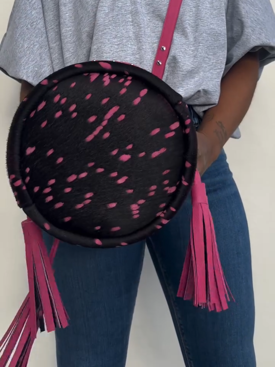 Pink Dot Fringe Bucket Bag