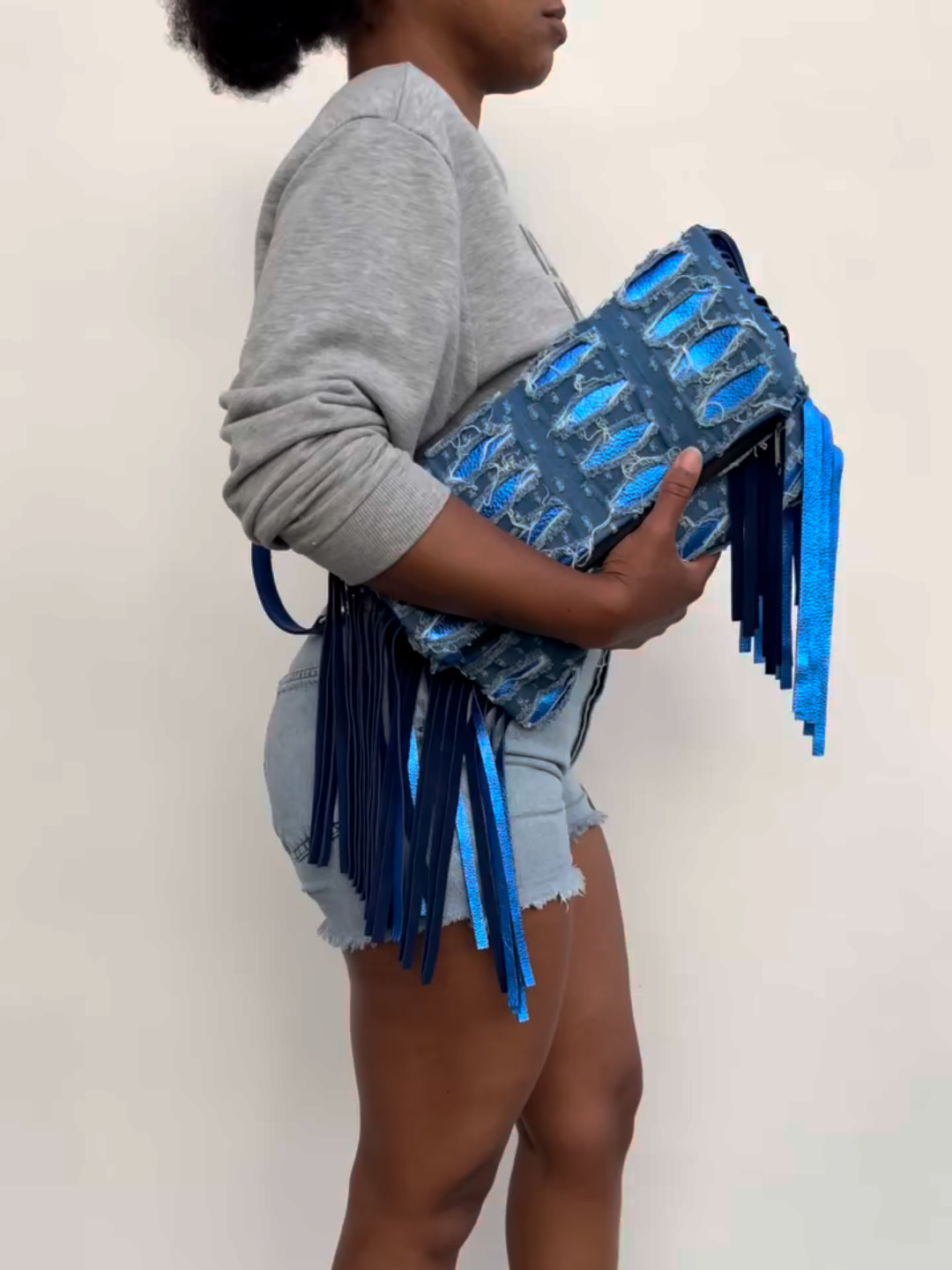Distressed Denim Fringe Crossbody Bag