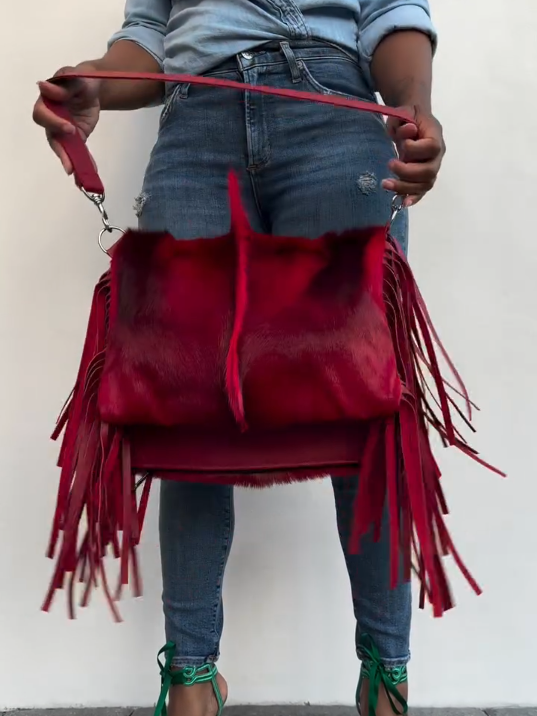 Red Fringe Fur Tote Bag