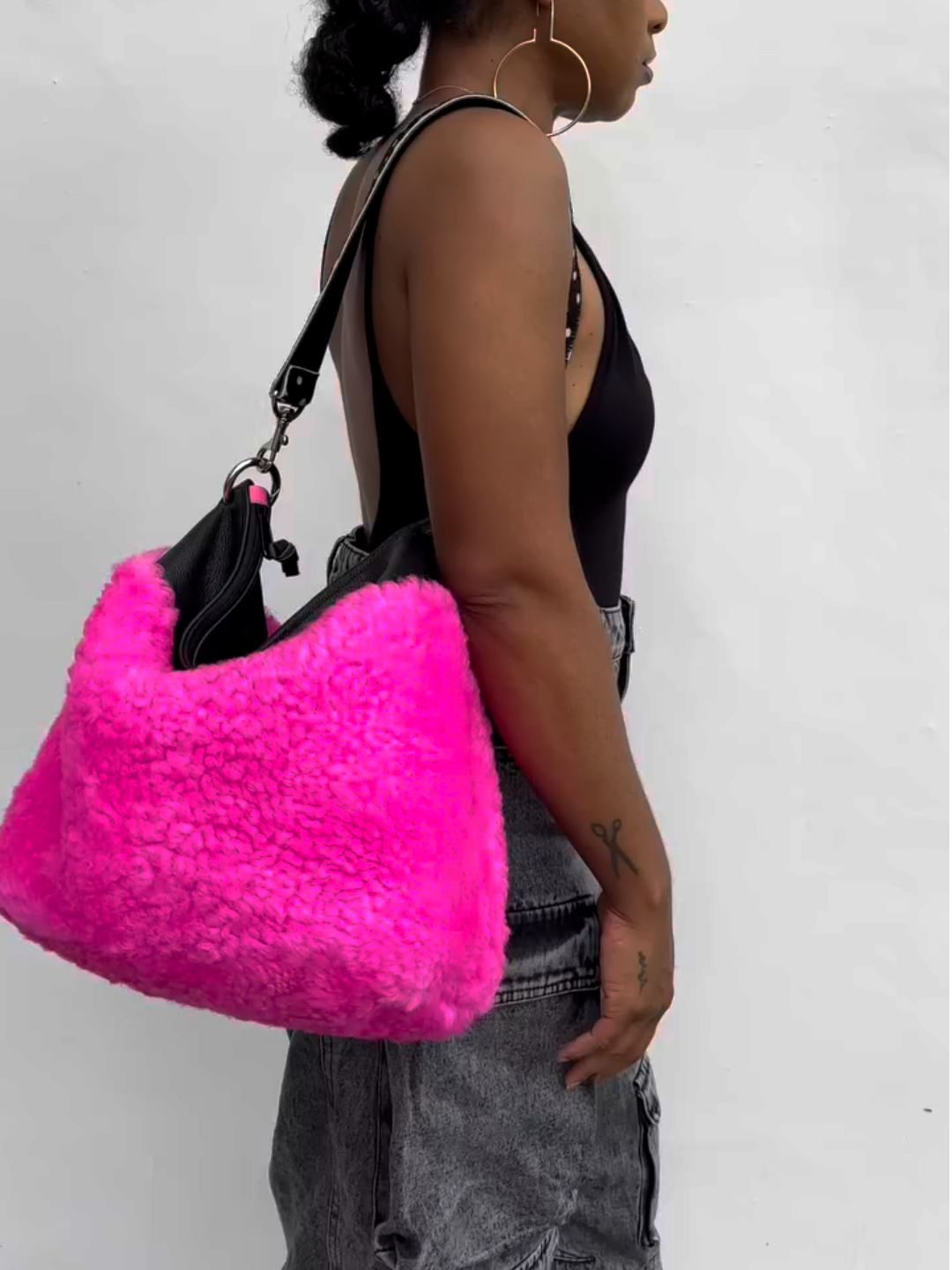 Neon Pink Faux Fur Hobo Bag