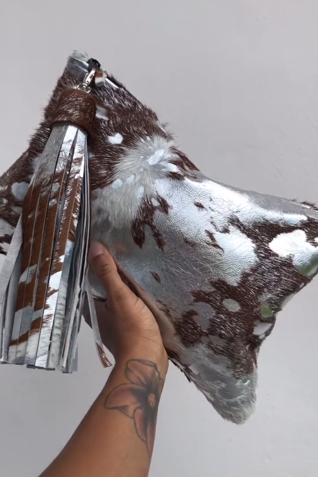 Silver & Brown Faux Fur Fringe Clutch Bag