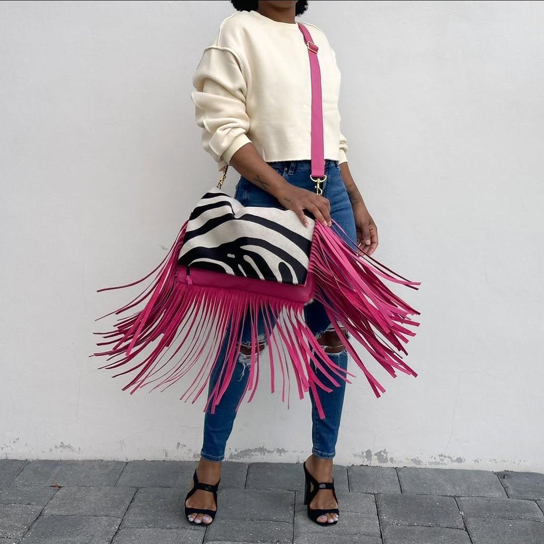 Zebra Print & Rose red Fringe Crossbody Bag