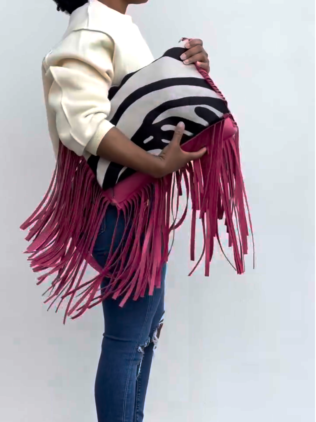 Zebra Print & Rose red Fringe Crossbody Bag