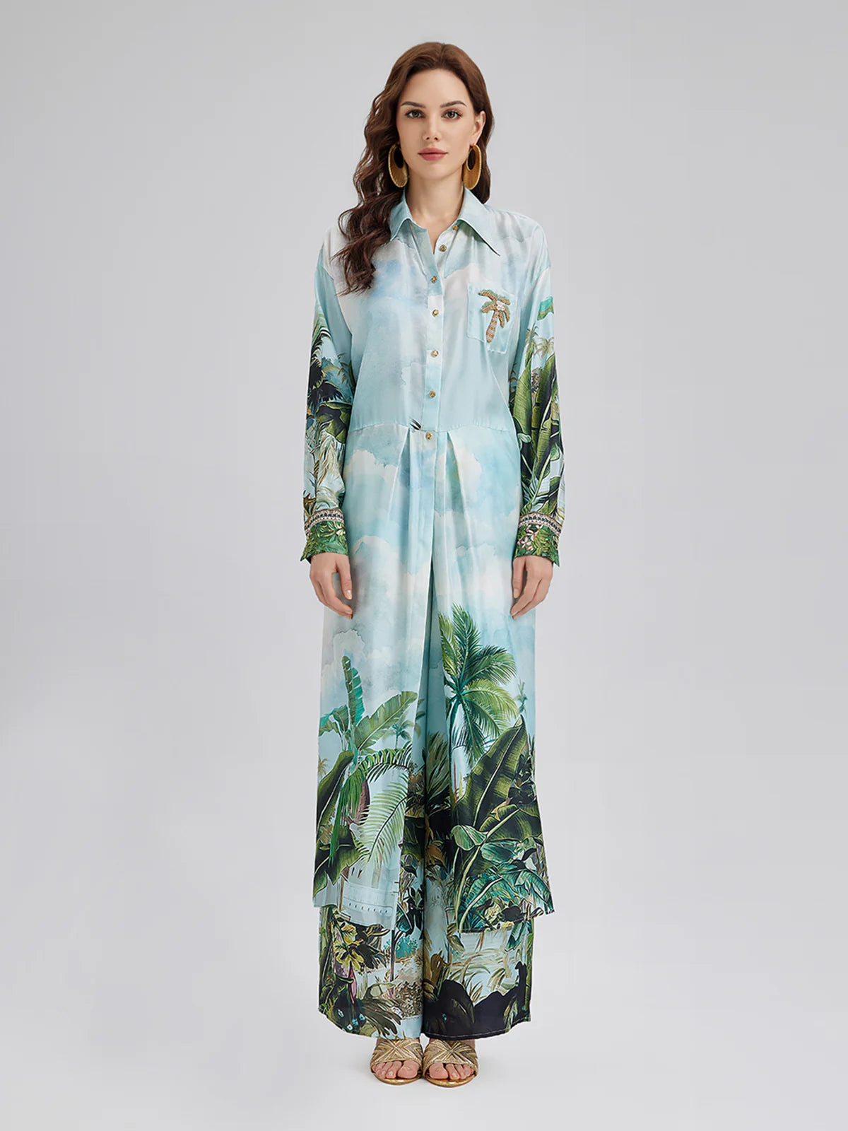 Tropical Print Shirt & Wide - Leg Pants Set