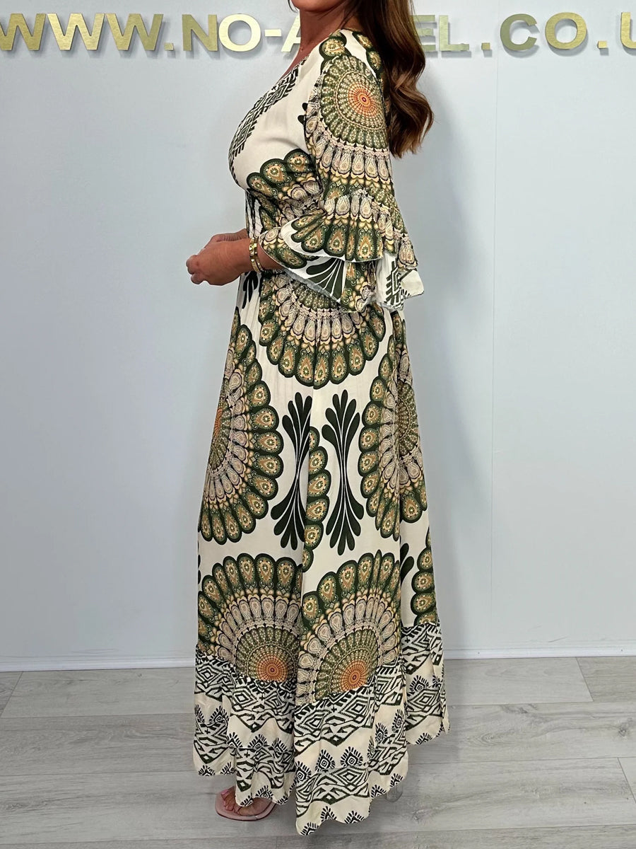 Print V-Neck Smocked Waist Bell Sleeve Dress