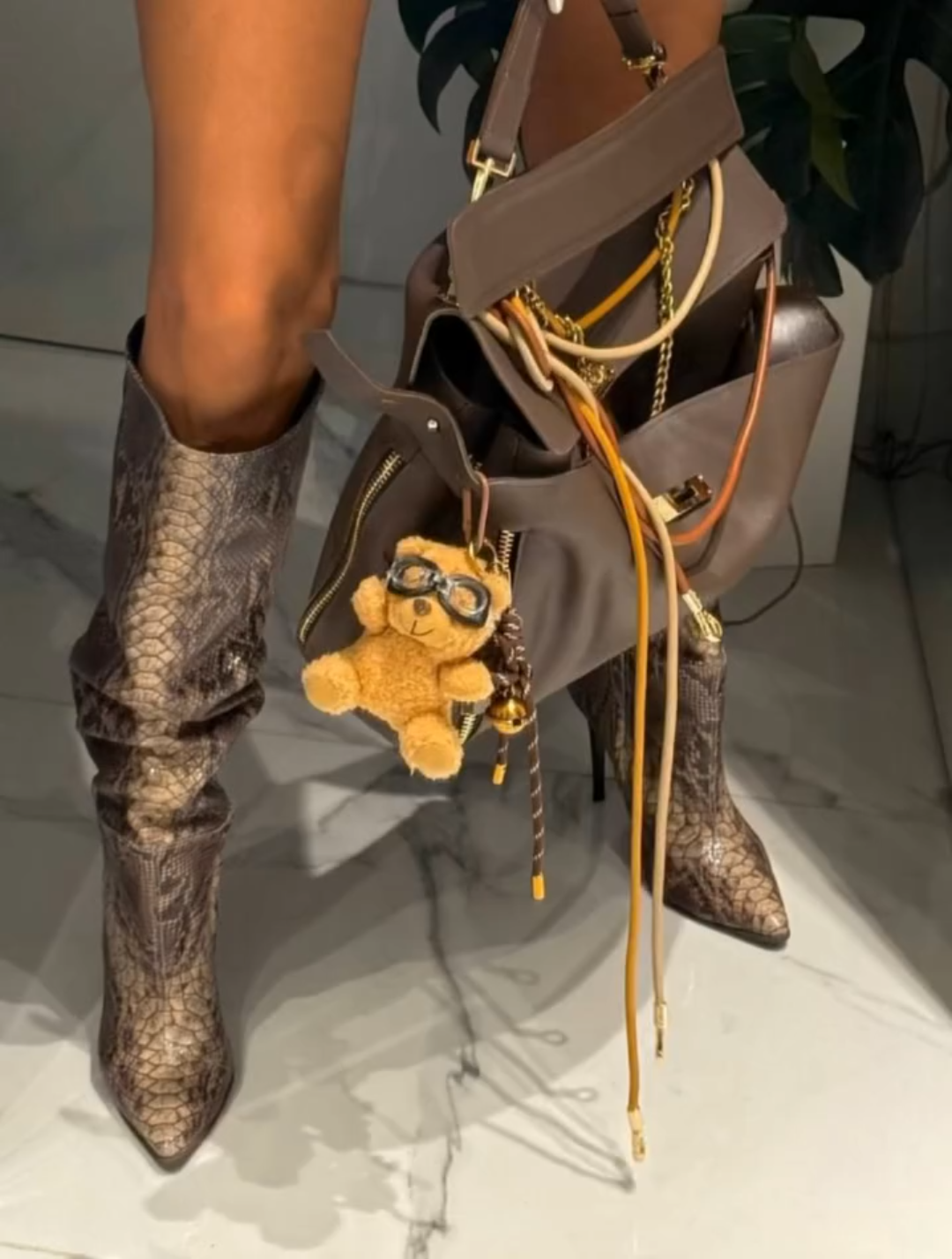 Brown Multi - Strap Tote with Teddy Charm