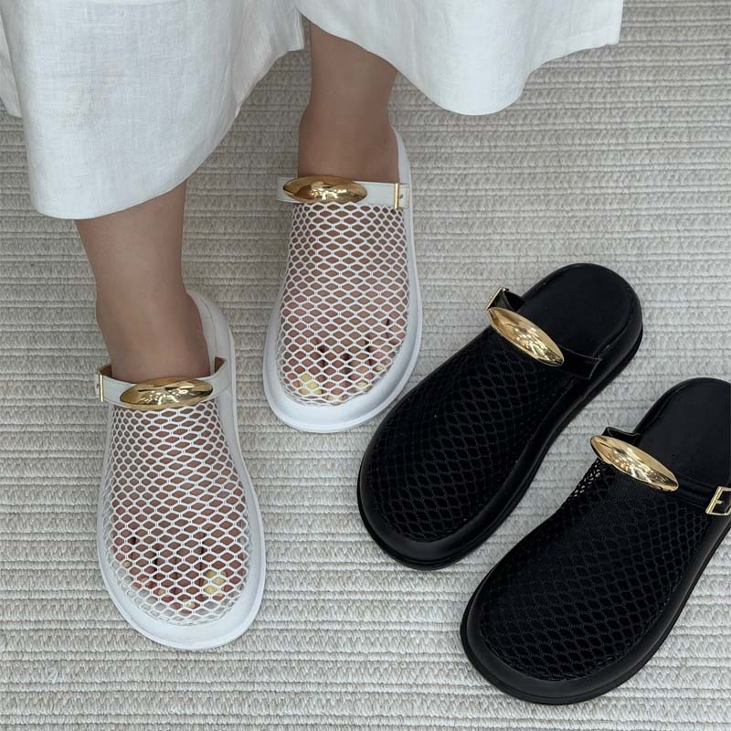 Woven Mesh Hollow-out Platform Slippers