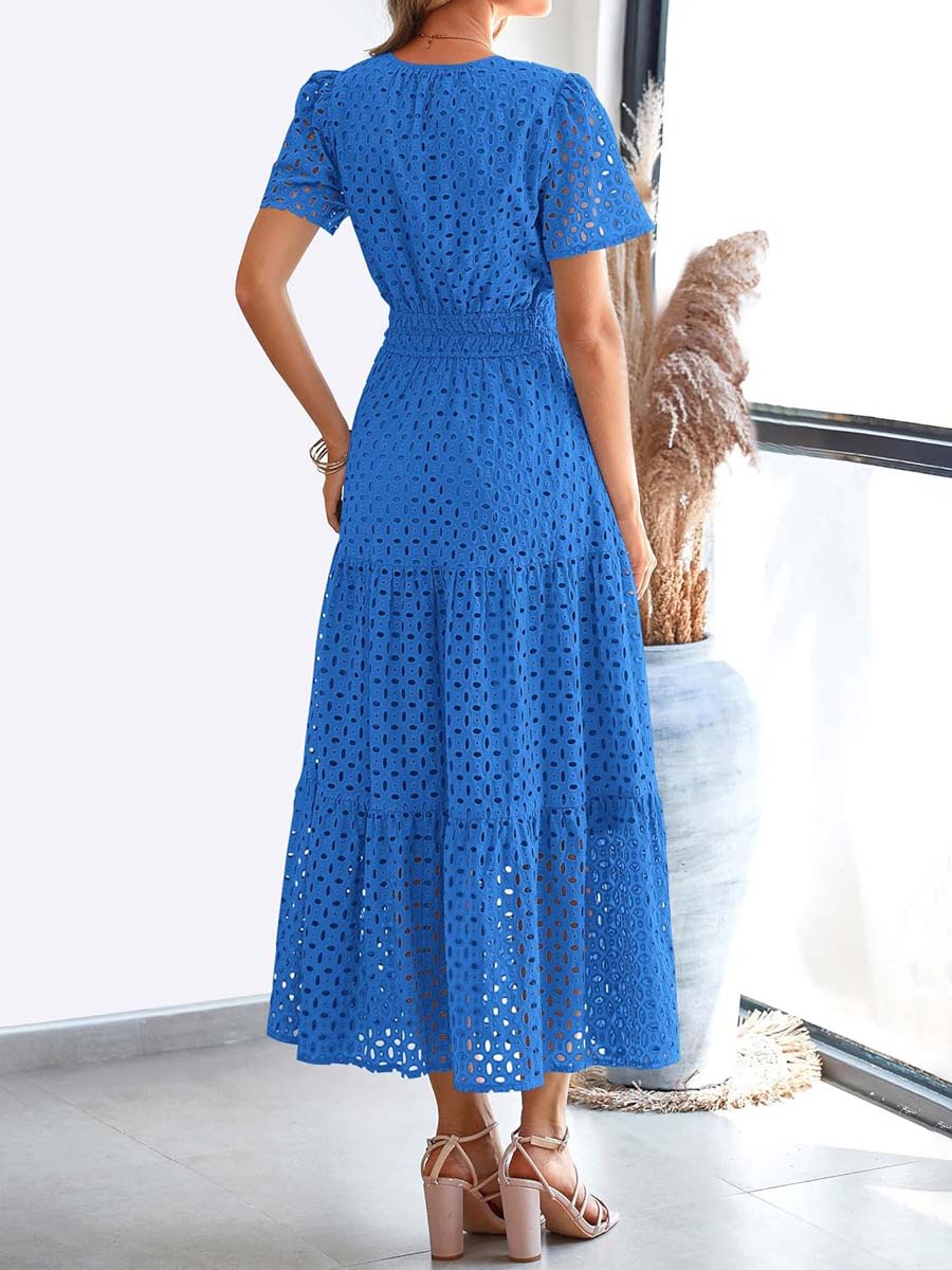 V-neck Hollow-out Eyelet Short-sleeve Dress
