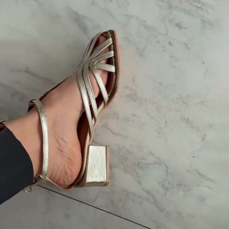 Square-toe Cut-out Woven Thick-heeled Roman Sandals