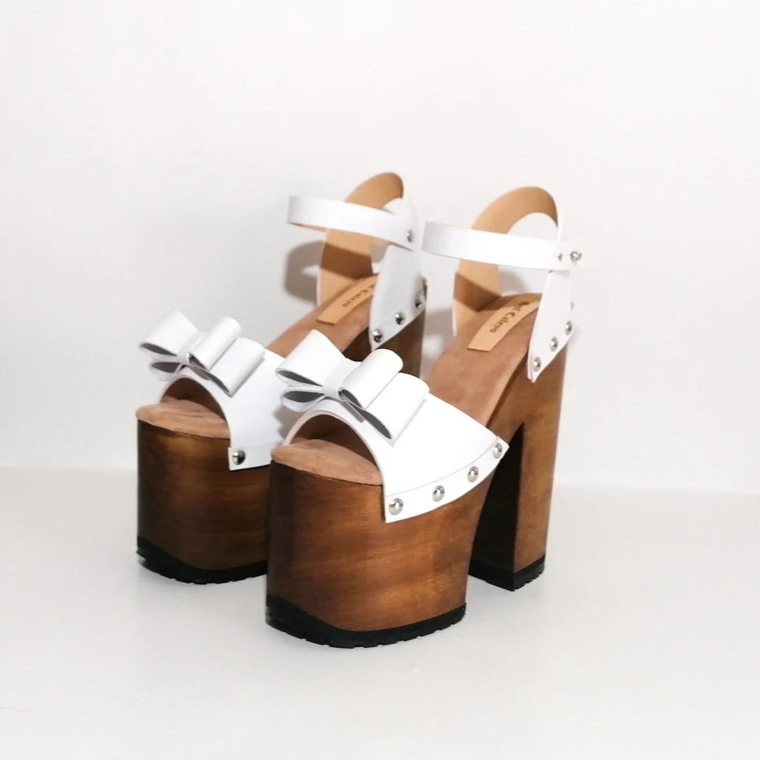White Bow - Studded Wooden Platform Sandals