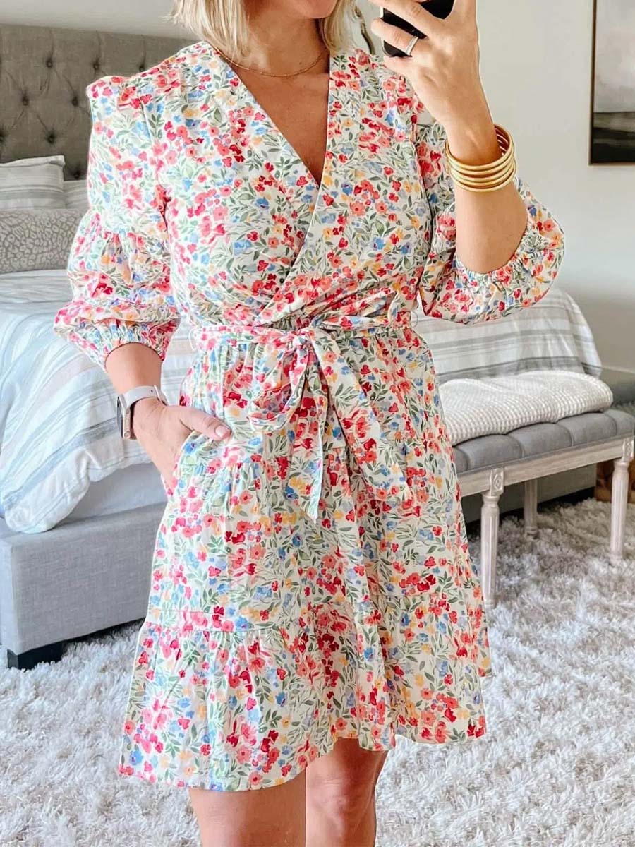 Floral Print V Neck Wrap Dress