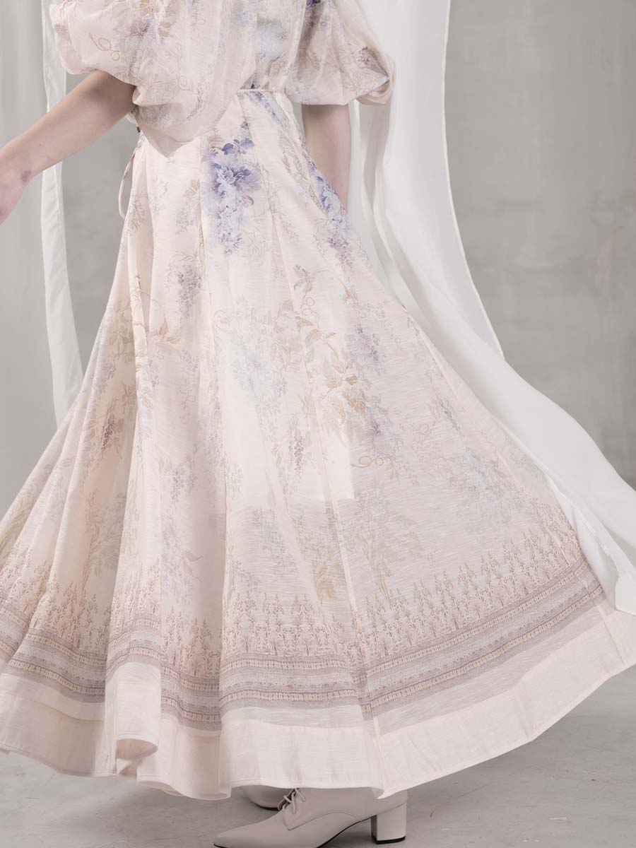 Elegant Printed V Neck Puff Sleeve Dress