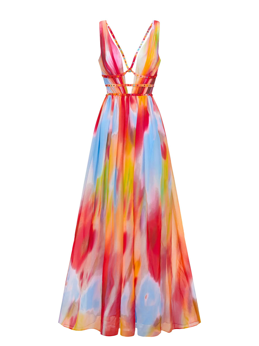 Deep V Neck Printed Cutout Maxi Dress