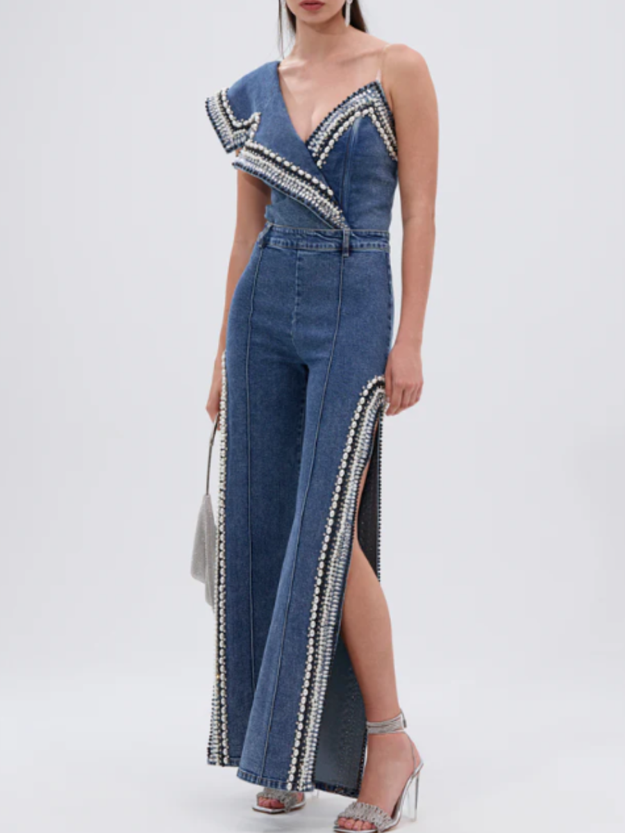 Slinted Shoulder-length Pearl-trimmed Denim Suit