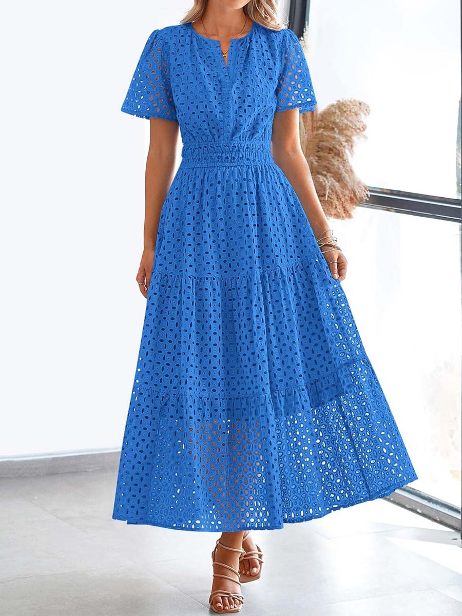 V-neck Hollow-out Eyelet Short-sleeve Dress