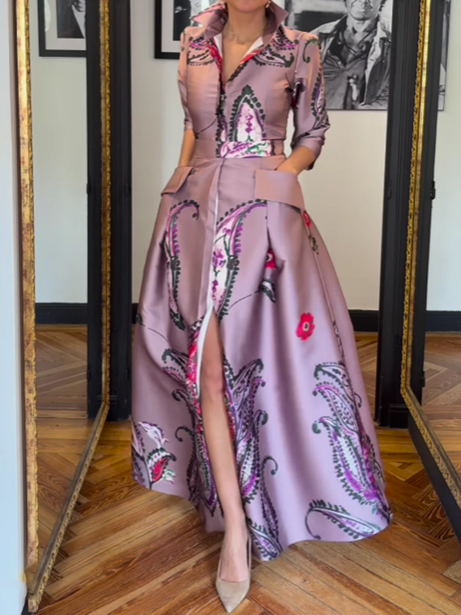 Printed Pockets Slit Hem Maxi Dress