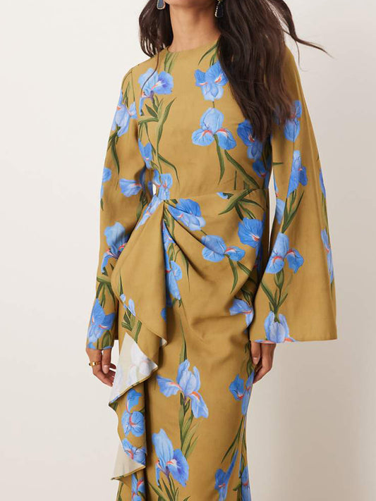 Floral Print Ruffled Long Sleeve Maxi Dress