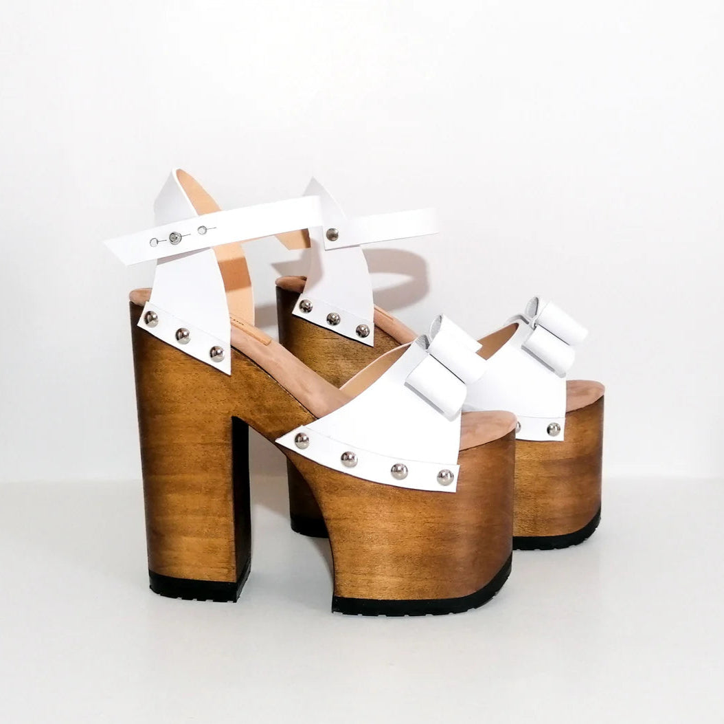 White Bow - Studded Wooden Platform Sandals