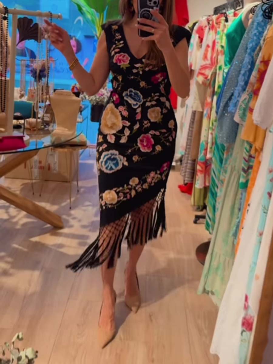 Elegant Fringed Hem Printed Dress