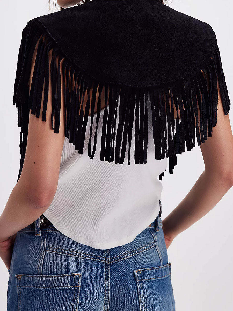 Suede Collar Fringed Vest